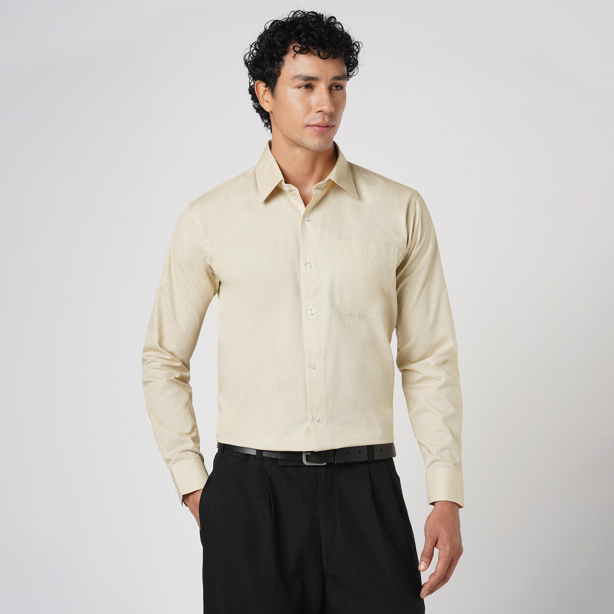 LIGHT KHAKI SLUB PATTERN SOLID SHIRT