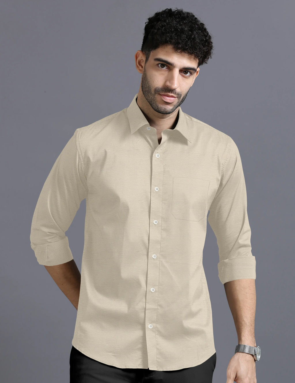 KHAKI SLUB PATTERN SOLID SHIRT