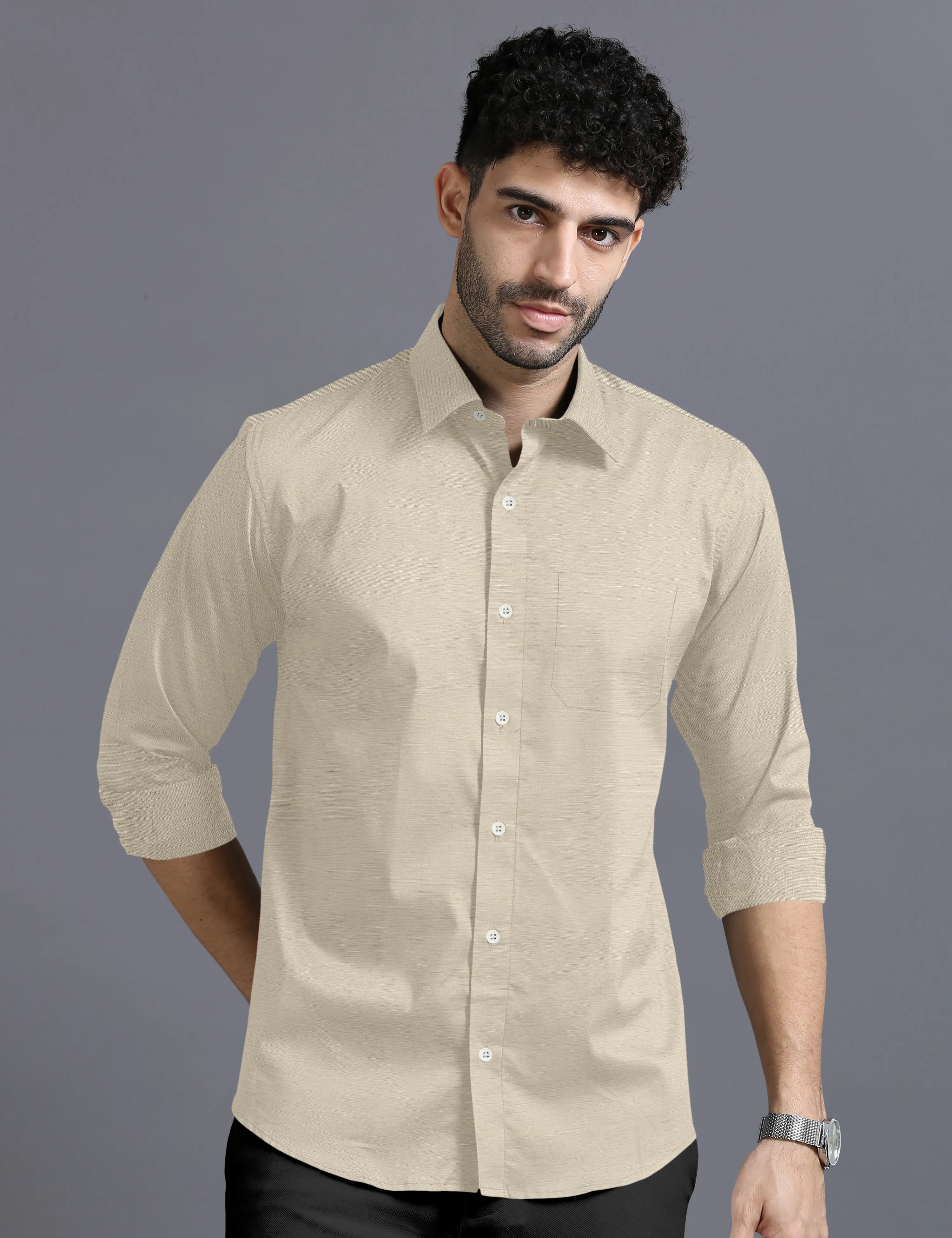KHAKI SLUB PATTERN SOLID SHIRT