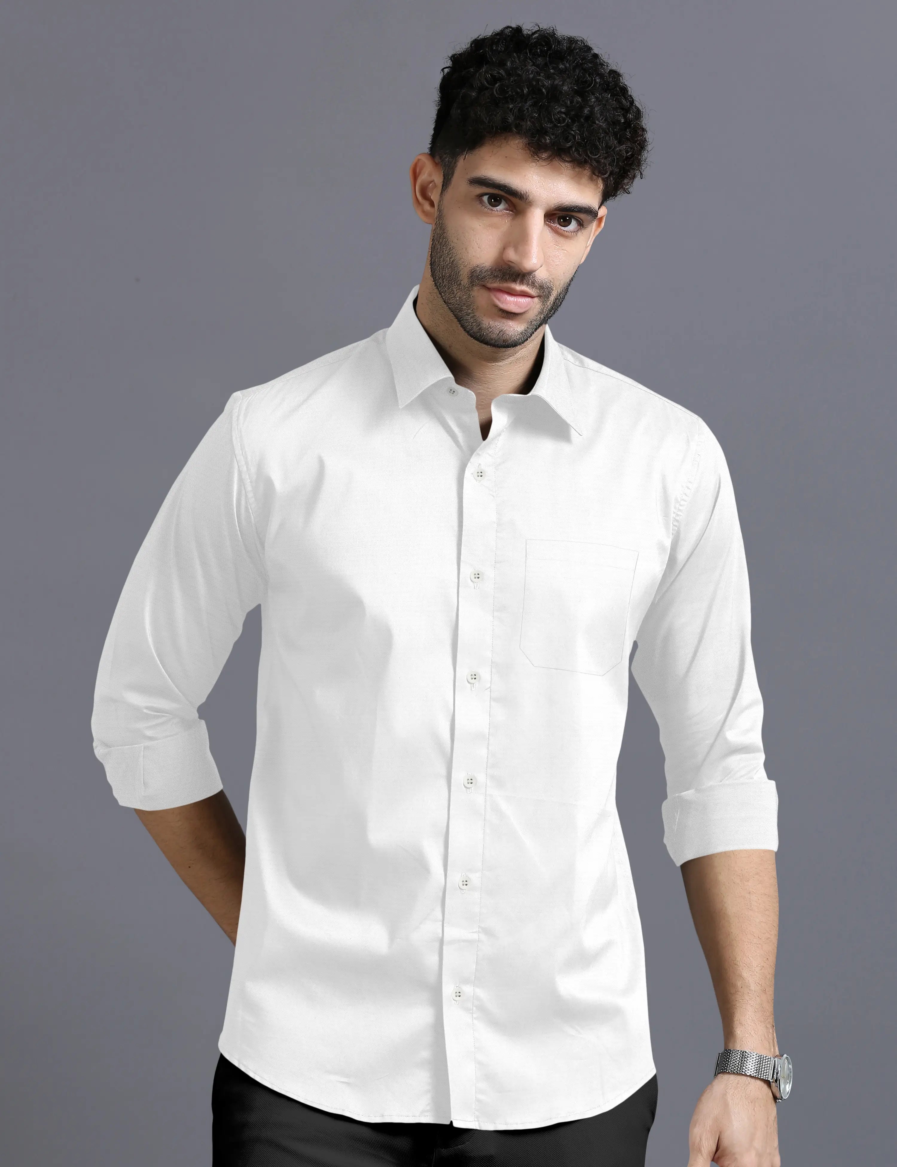 WHITE SLUB PATTERN SOLID SHIRT